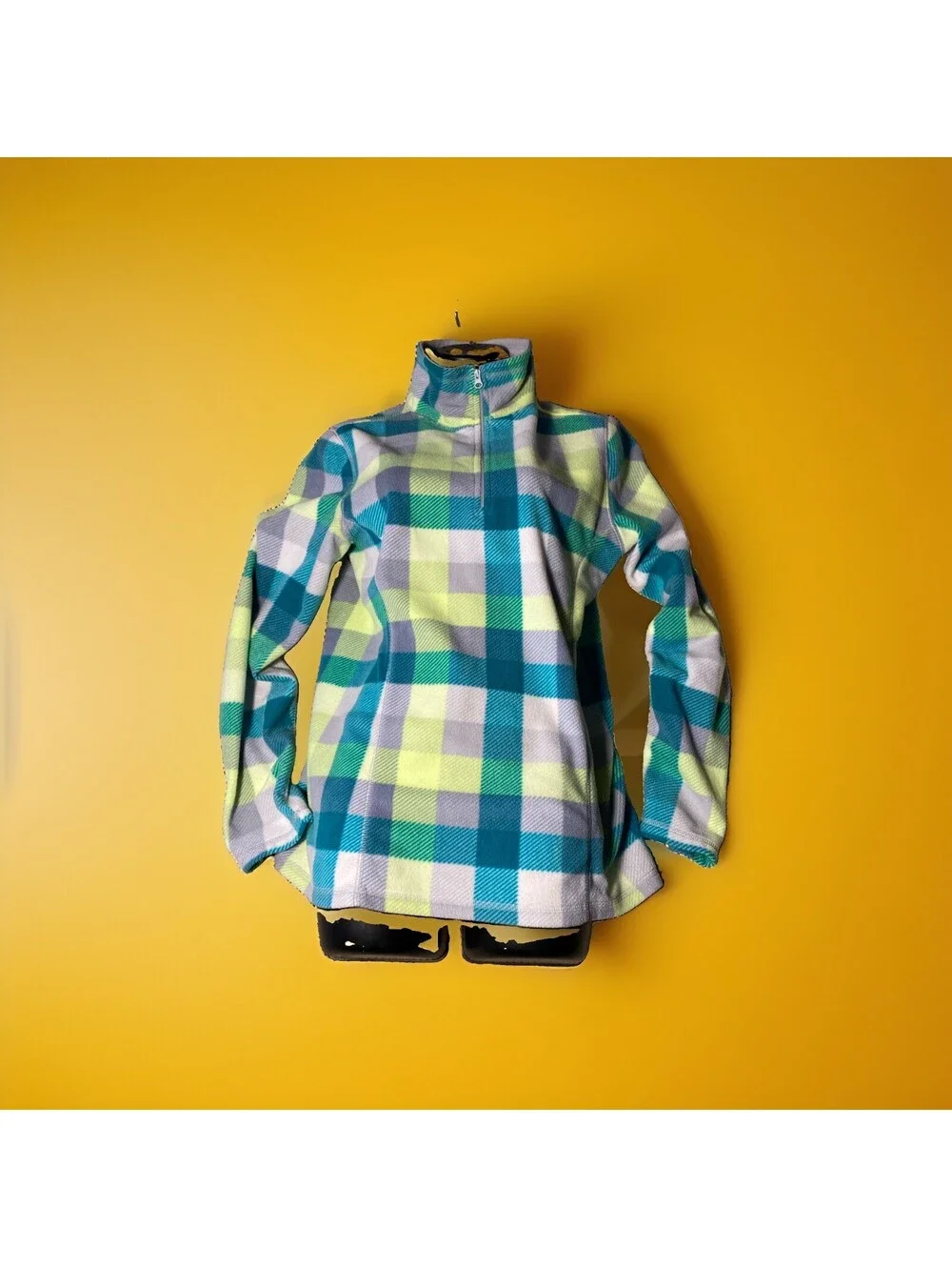 Old Navy 1/4 Zip Girls Youth Fleece Plaid Yellow  Pink Large